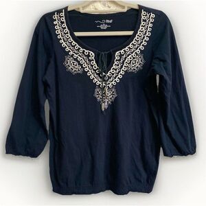 RXB Black Ivory Embroidered Hippee Blouse 3/4 Sleeves M BOHO Top‎ Jersey